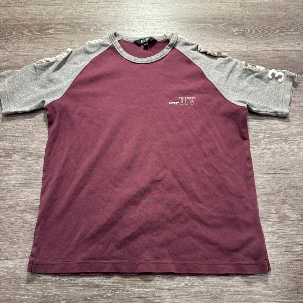 Esprit Shirt Mens M Burgundy Cotton Raglan Ruffle Sleeve Sporty Athleisure VTG